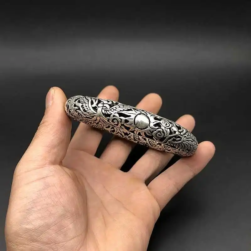Rare Tibet silver carved DRAGON men's bracelet bangle