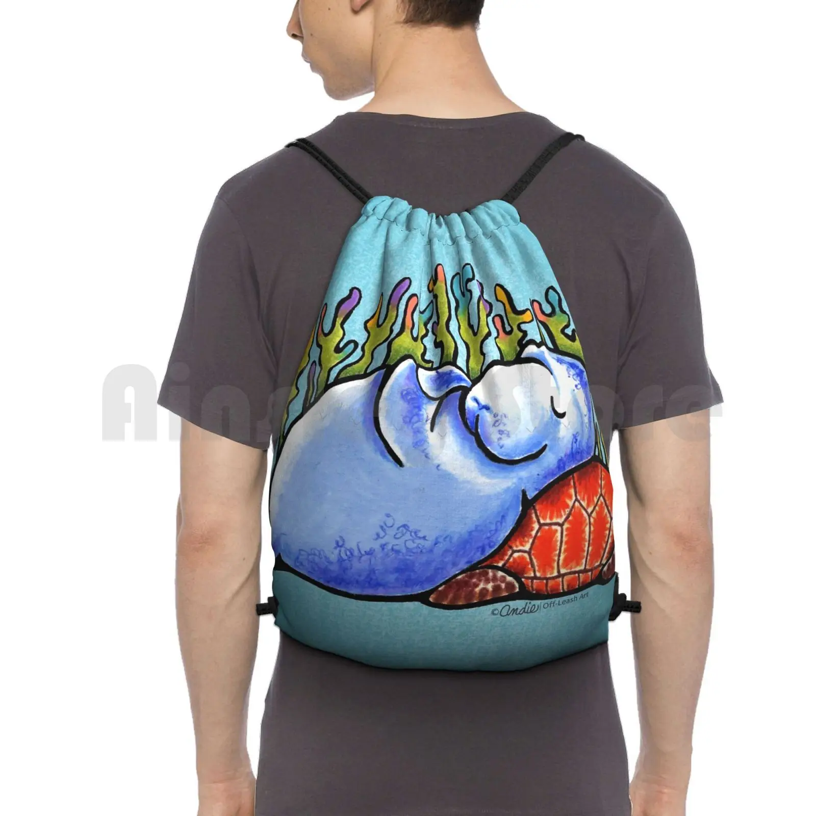 

Sea Turtle And Manatee Backpack Drawstring Bags Gym Bag Waterproof Manatee Sea Turtle Turtle Sea Life Marine Animals