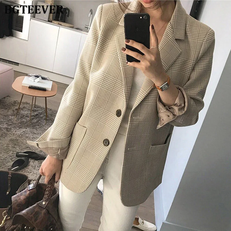 Vintage Women Plaid Blazer Coat Houndstooth Pattern Single-breasted Female Suit Jackets 2019 Autumn Loose Blaser Outwear Femme