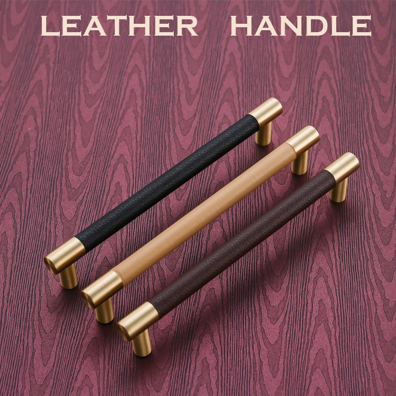 Leather & Brass cabinet knobs and handles drawer handle furniture decotation handles bathroom cupboard Knobs pull handle black