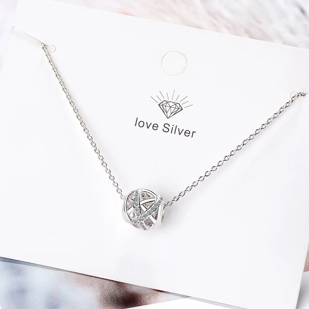 Simple  Sterling Sliver Round Transshipment beads Zircon Infinity Ball Pendant Necklace For Women Chain collares kolye