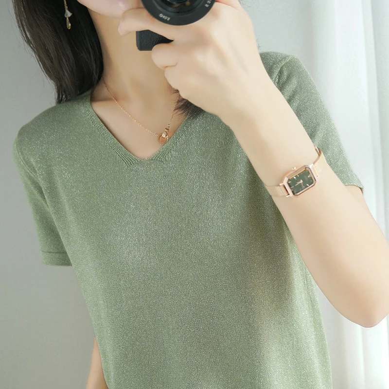 2022 Summer New Cool Ice Silk Lurex Short-Sleeved T-Shirt Female V-Neck All-Match Basic Sweater Big Size Knitted Thin T Shirt