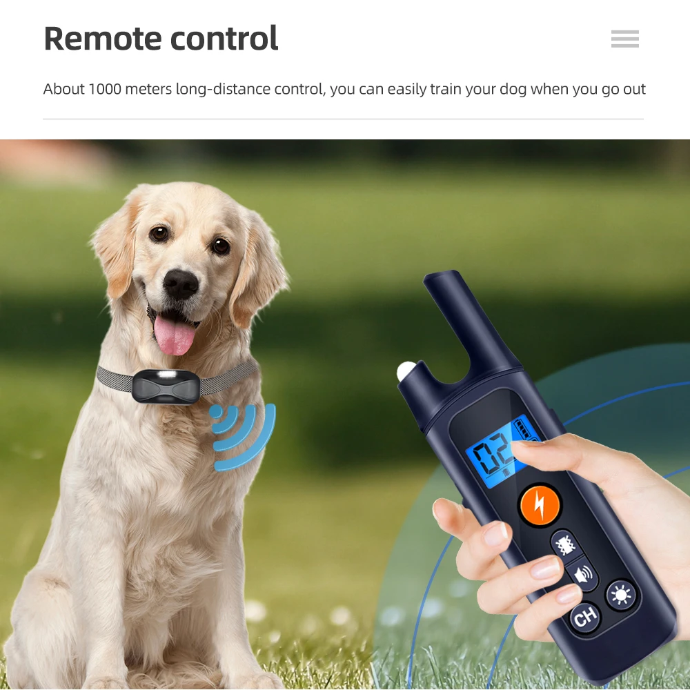 1000m Remote Control Electric Dog Training Collar Waterproof Rechargeable with LCD Display Universal Size Shock Vibration Sound