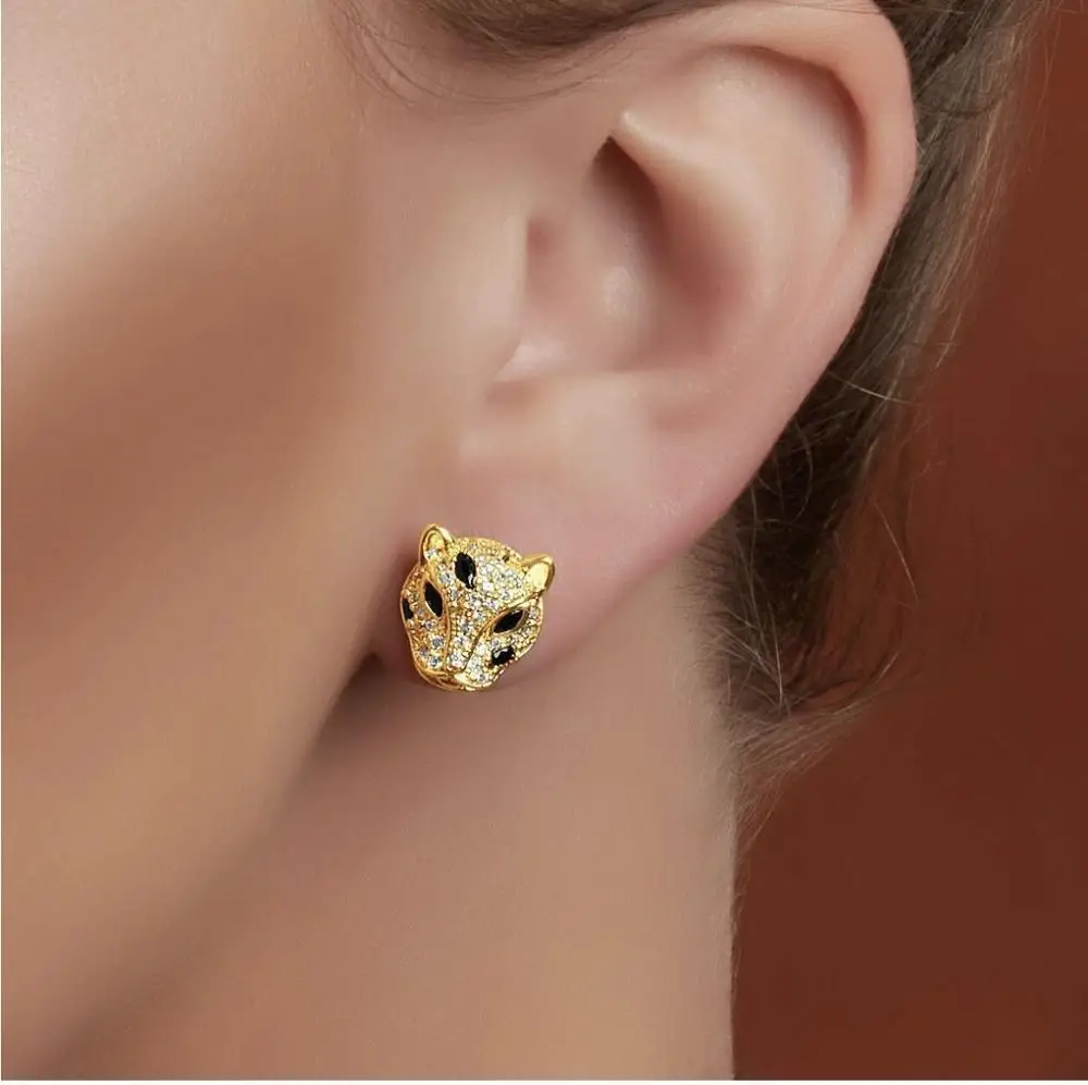 Gold color white black cz paved cool animal design leopard jaguar stud earring for women