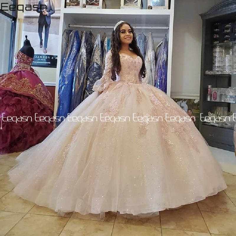 Luxury Sparkly Ball Gown Quinceanera Dresses  Princess Lace Long puffy Sleeve robe vestidos de 15 años Prom Gown Customized