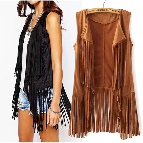 Women Vest Sleeveless Leather Jacket Motorcycle Vest Tops Autumn Winter imitation ethnic suede tassels fringe vest Cardigan