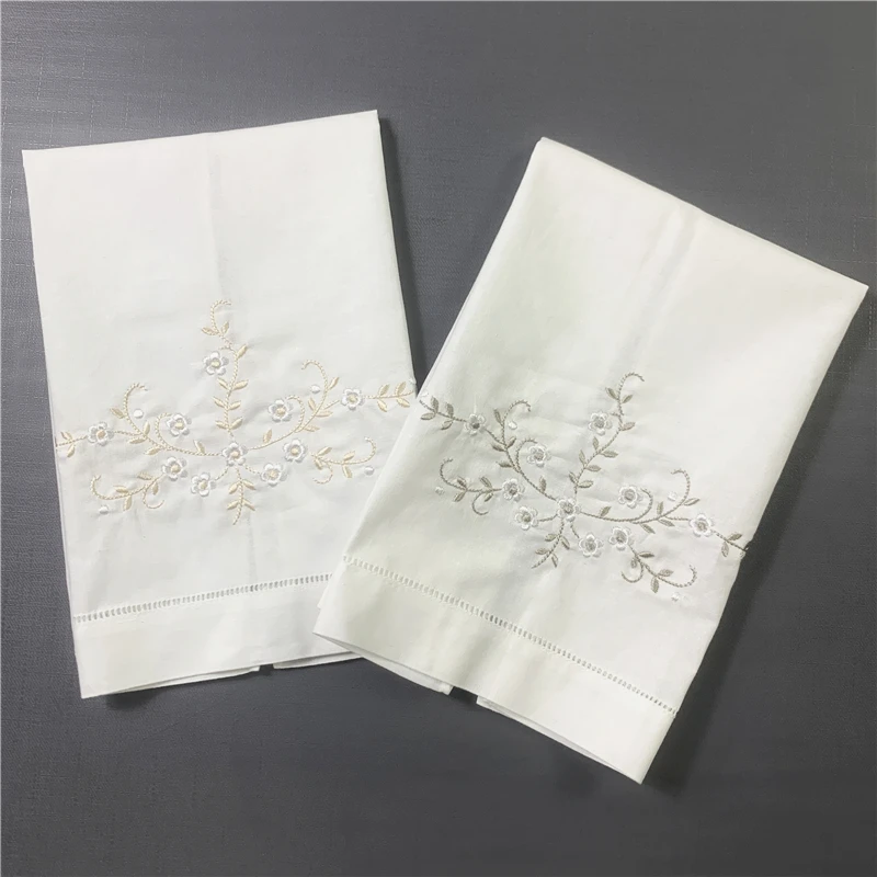 

Set of 12 Handkerchiefs Linen Guest Towel 14"x22" White Hemstitch Border Hand Towels Color Embroidered Floral