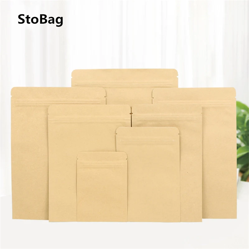 

StoBag 50pcs Flat Bottom Inner Aluminized Yellow Kraft Paper Ziplock Bags Dried Fruit Food Packaging Bags Sealed Food Tea