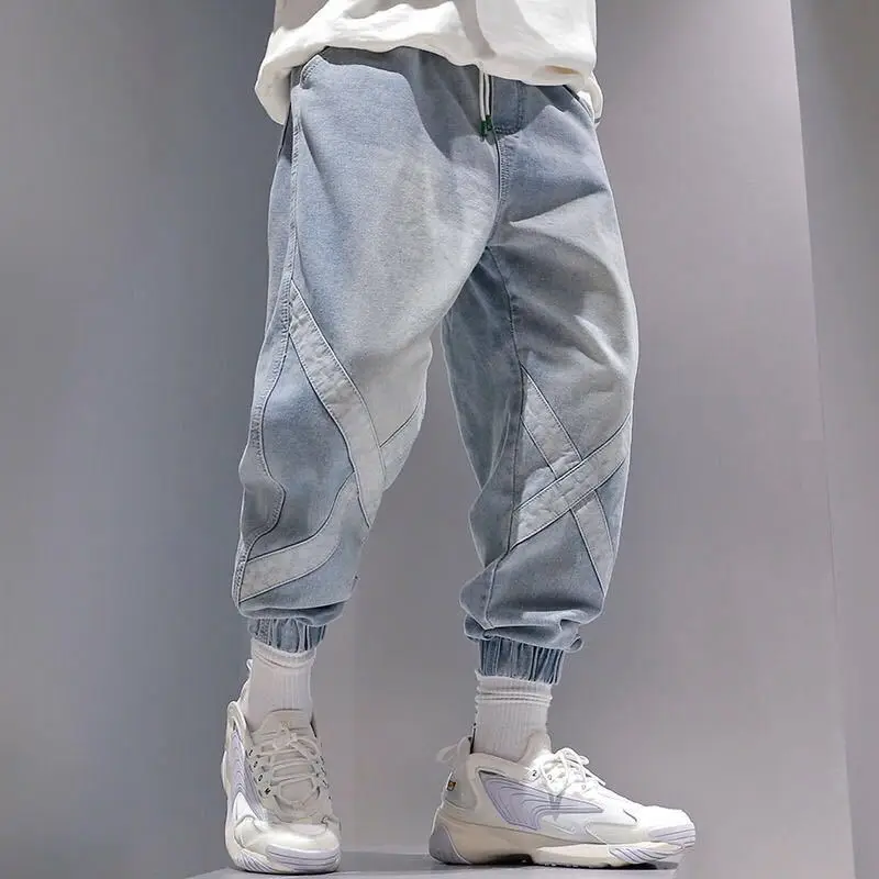 Vintage Mens Jeans Blue Black Cargo Pants Loose Harem Pants Ankle Banded Casual Trousers Hip Hop Streetwear Stretch Joggers