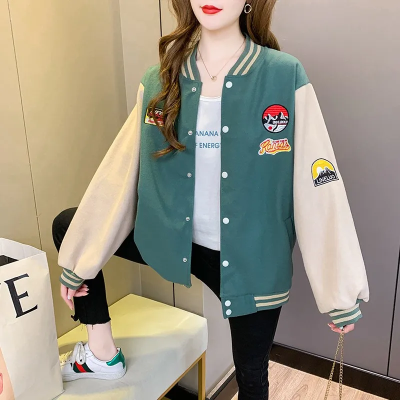 

Spring Autumn Women Basketball Uniform Casual Loose Long Sleeve O-neck Jacket Female Fashion Embroidery Pattern Coat