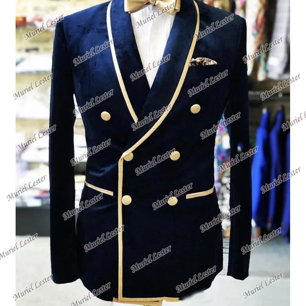 

Navy Velvet Wedding Suit Jackets Double Breasted Formal Blazer Custom Made Shawl Lapel Business Dinner Evening Party Coat 2022