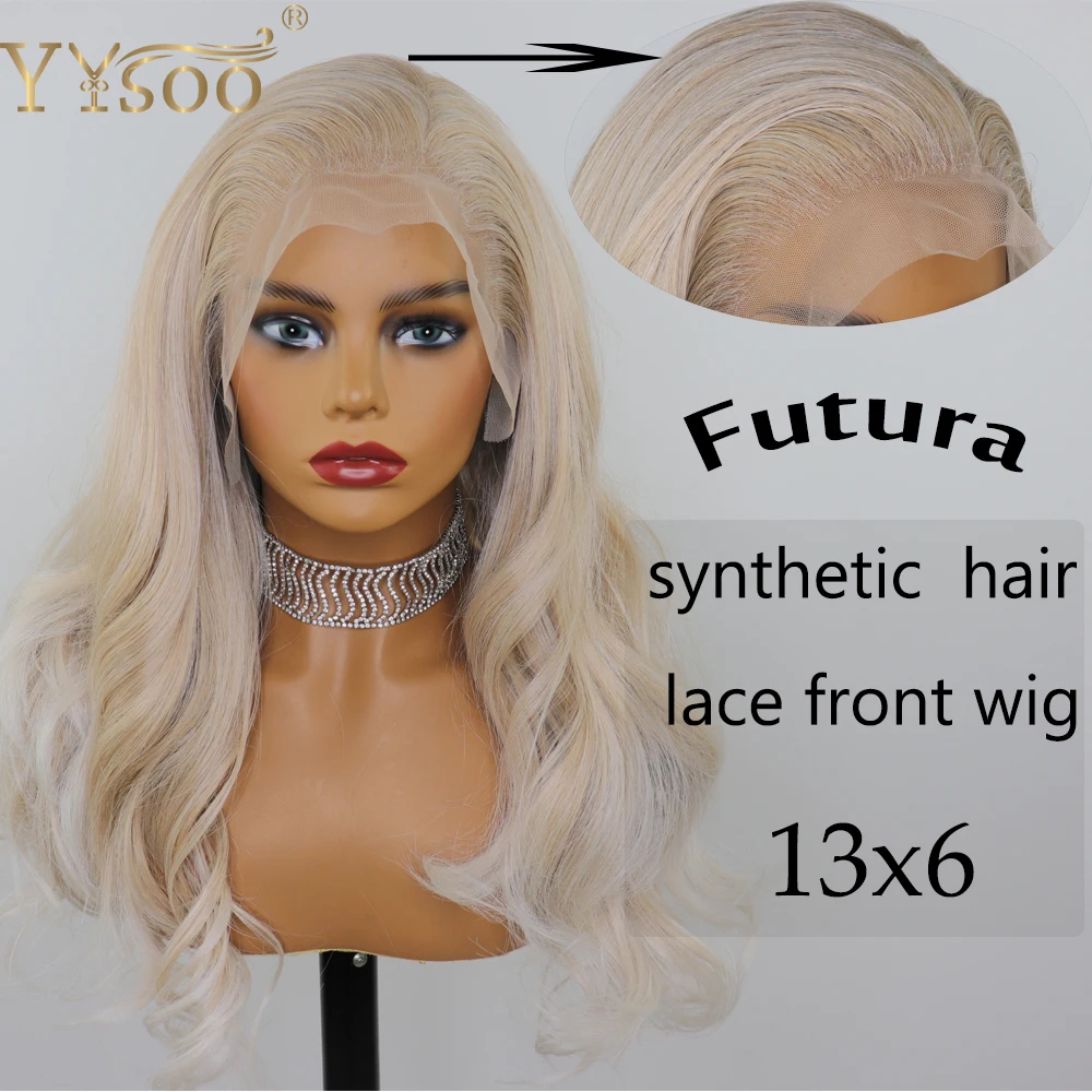 

YYsoo Long Blonde Highlight 13x6 Futura Lace Front Synthetic Wigs For Women Pre Plucked Half Hand Tied Wavy Wig Natural Hairline