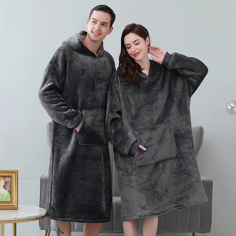 Flannel Nightwear Men&Women Robe Kimono Bathrobe Gown Hooded Sleepwear Winter New Home Dressing Gown Coral Fleece Lingerie