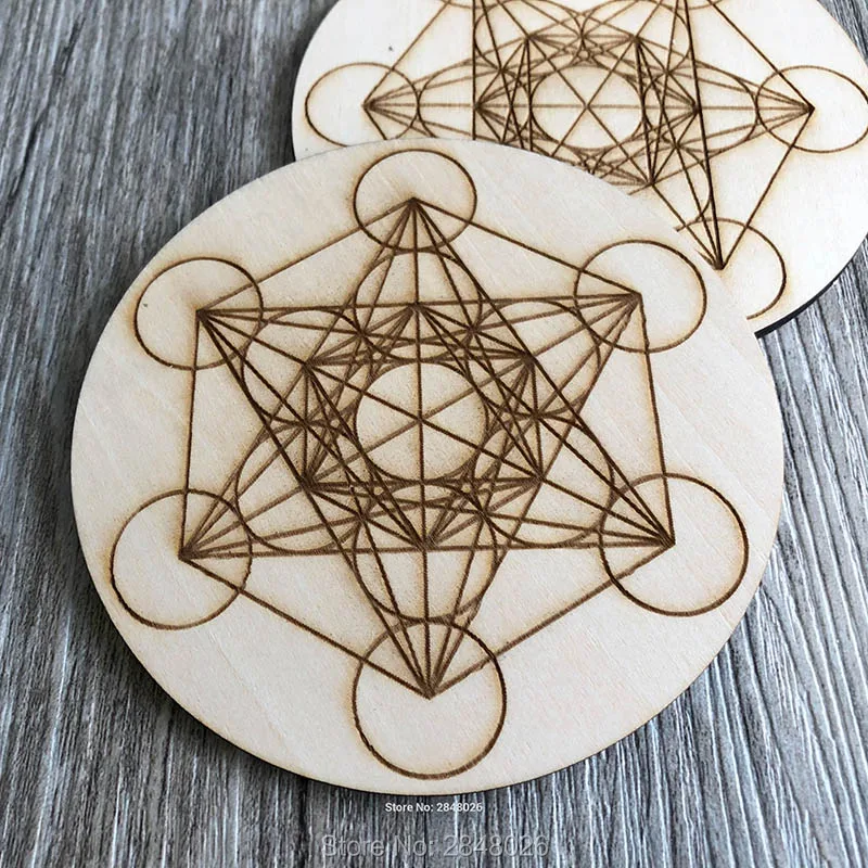 Charging Grid Sacred geometry Metatrons Cube alter tools engraved wood crystal grid plate wooden Coaster Metatron's laser