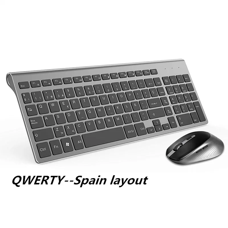 

2.4G Wireless Keyboard And Mouse Combination "QWERTY" Spanish Ergonomic Design, Full-Size Keyboard With Multimedia Buttons, Gray