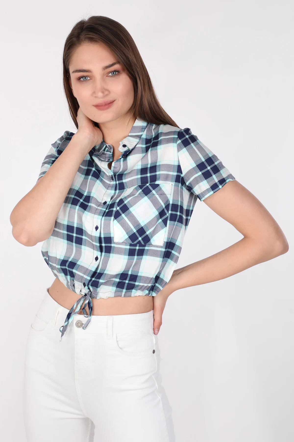 Women's Crop Plaid Shirt Blue