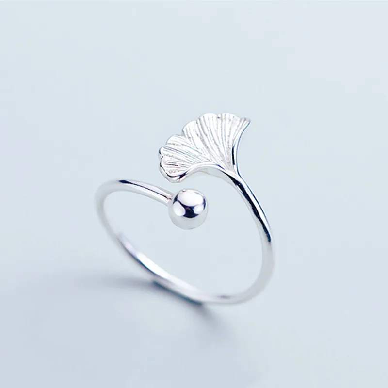 Genuine 100% Silver Color  Ginkgo Biloba Leaf Rings for Women Simple Rings Party Vintage Jewelry