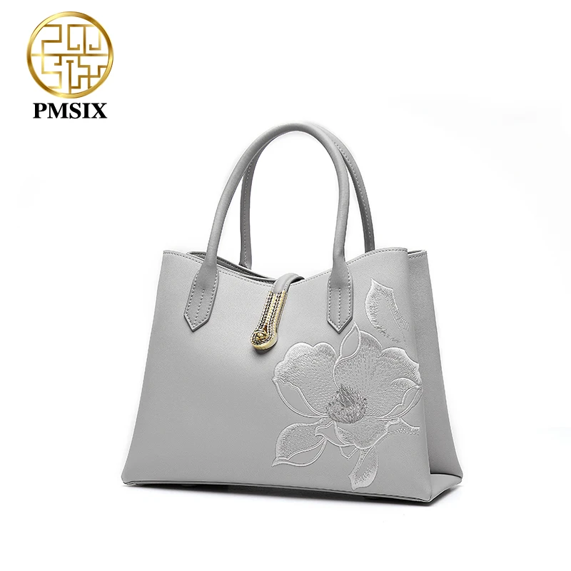 PMSIX Cow Leather Women Handbags Luxury Flower Embroidery Female Handbag Designer Shoulder Bag Fashion Elegant Simple Women Bags