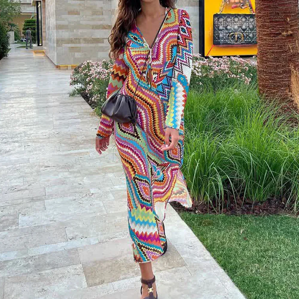 XEASY 2021 Summer Women Beach Style Color Print Casual Slim Long Dress Female V Neck Split Vintage Ladies Long Sleeve Dress