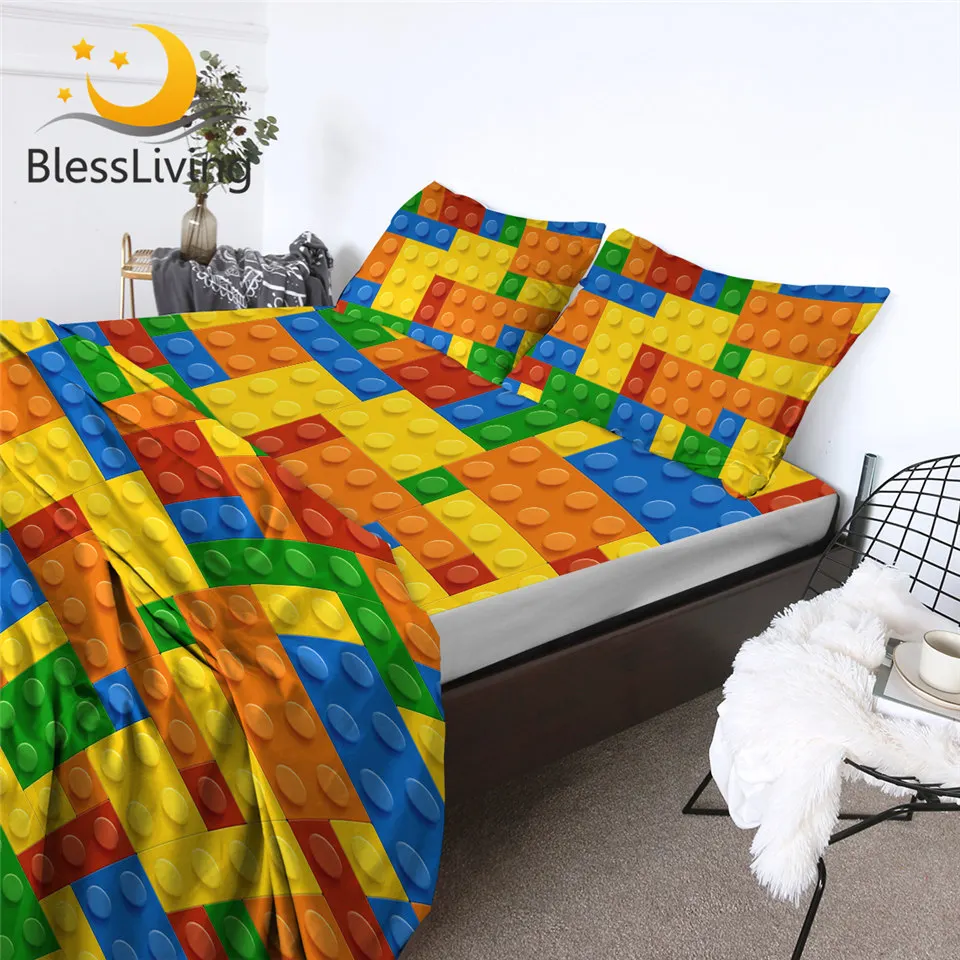 

BlessLiving Toy Print Bed Sheets Game Microfiber Sheet Set Dot Building Blocks Non-Fade Bedspreads Colorful Bricks Fitted Sheet