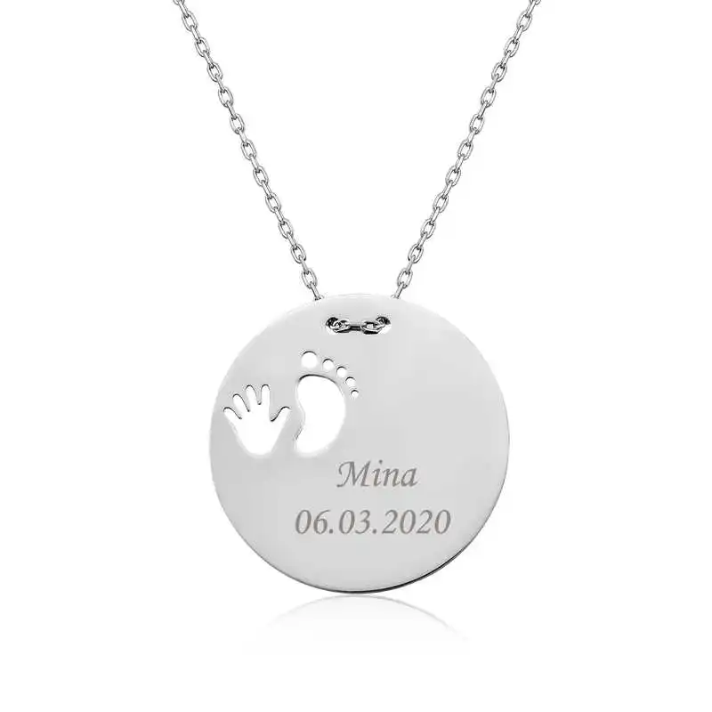 Silver Hand Foot Print New Born Necklace 925 Sterling Women Fine Jewelry Wedding Party Birthday Gift - Box - Pendant - Chain Choker - Female - Ladies - Fashion