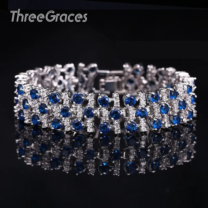 

ThreeGraces Jewelry Fashion White Gold Color Luxury White And Royal Blue CZ Crystal Stone Big Bracelets Bangles For Women BR038