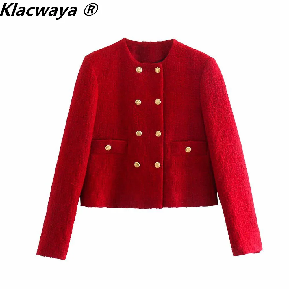 Klacwaya 2021 Women Fashion Two-Piece Set Vintage Red Tweed Double Breasted Blazer Female Front Slit Tweed Mini Skirt Chic Suit