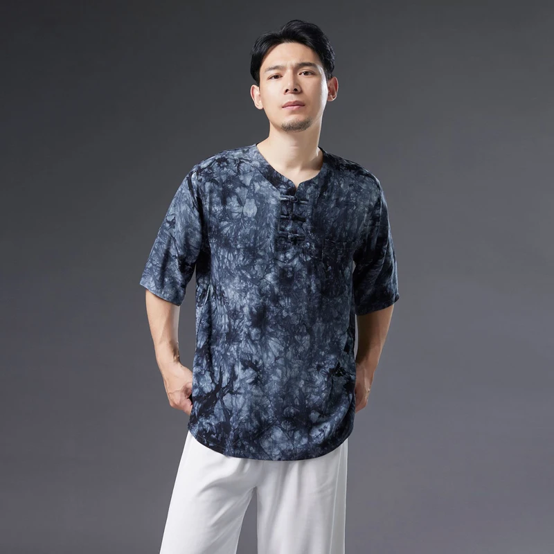 

Summer 2022 New Slub Cotton Linen Scratch-Dyed Three-Button Short-Sleeved Chinese Style Casual Men Blue Printed Loose T-Shirt