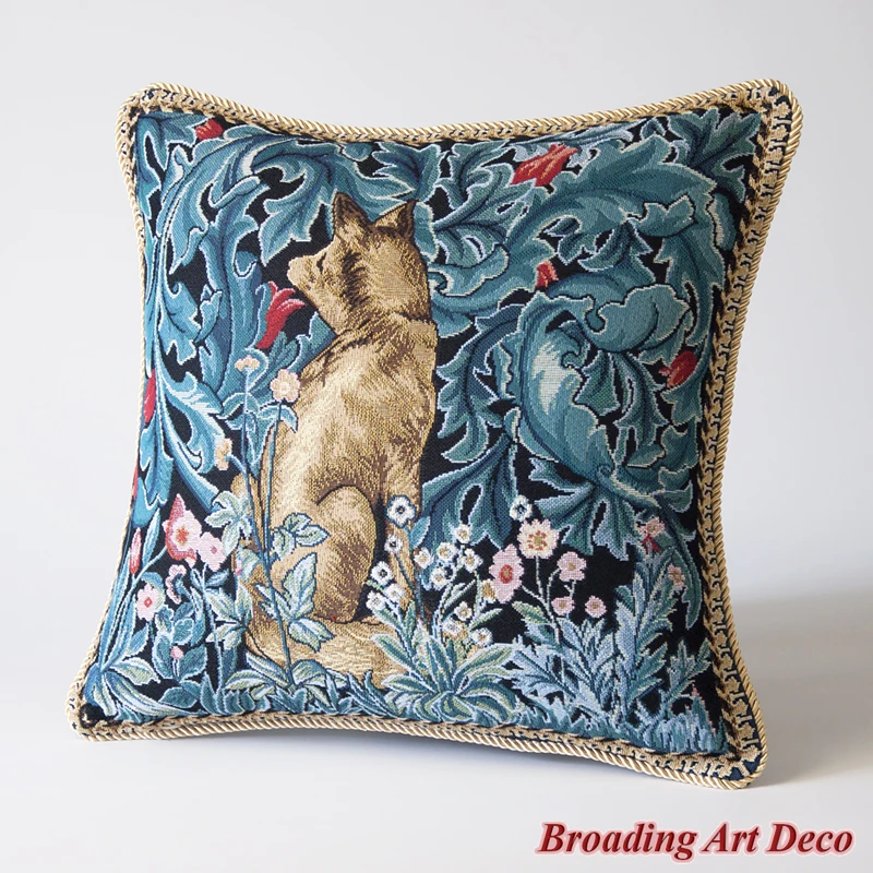 William Morris Tapestry Pillow Cushion Cover - Fox, Jacquard Weave Home Textile Decoration Cotton 100% Double Sided Size 45x45cm