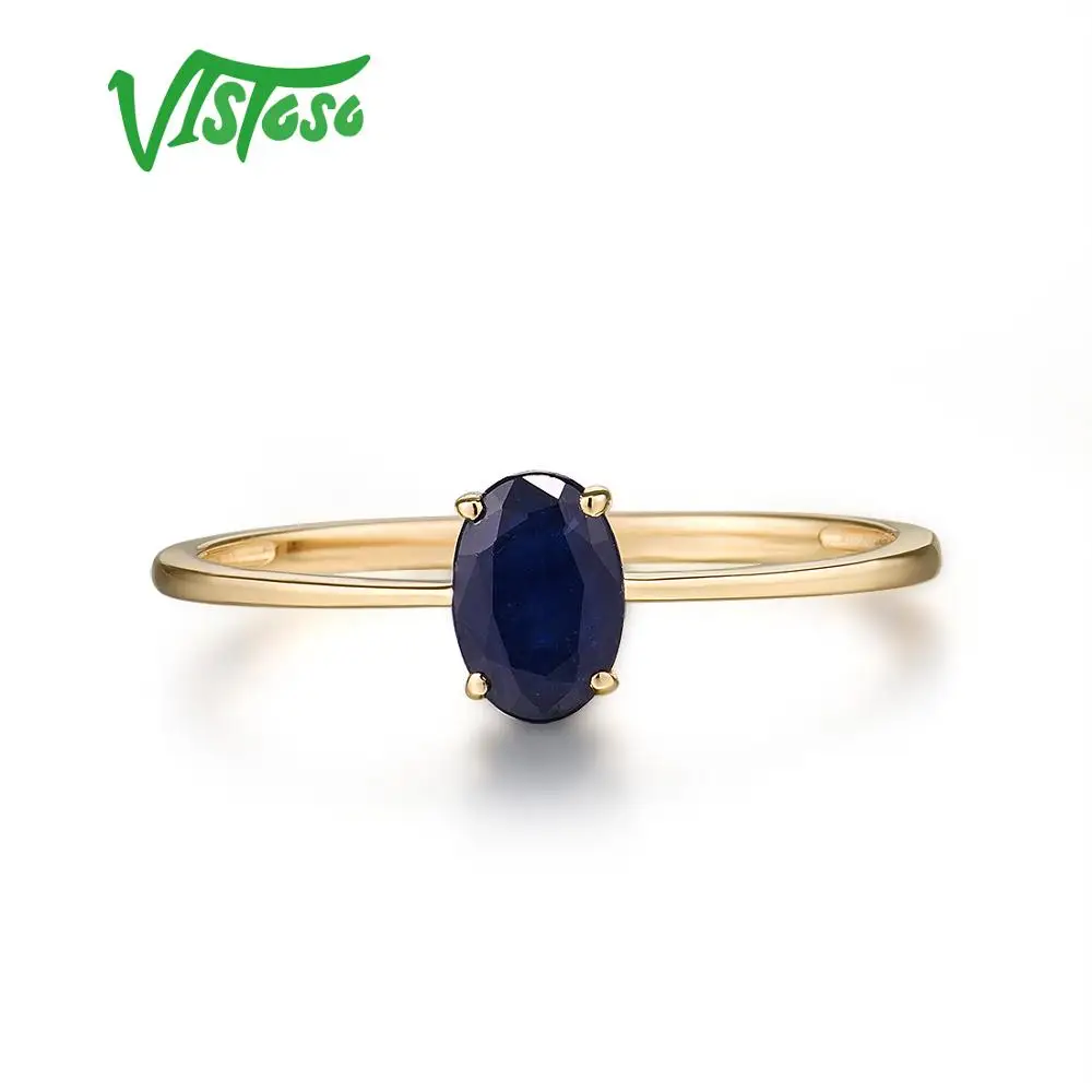 VISTOSO Genuine 14K 585 Yellow Gold Rings For Women Sparkling 6X4mm Blue Sapphire Simple Style Engagement Wedding Fine Jewelry