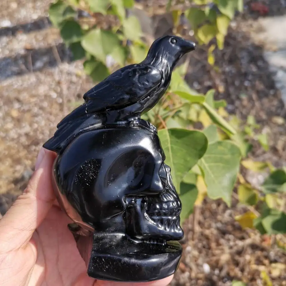 Natural Hand Carved obsidian skull and raven sculptures Reiki Healing Stone Statue