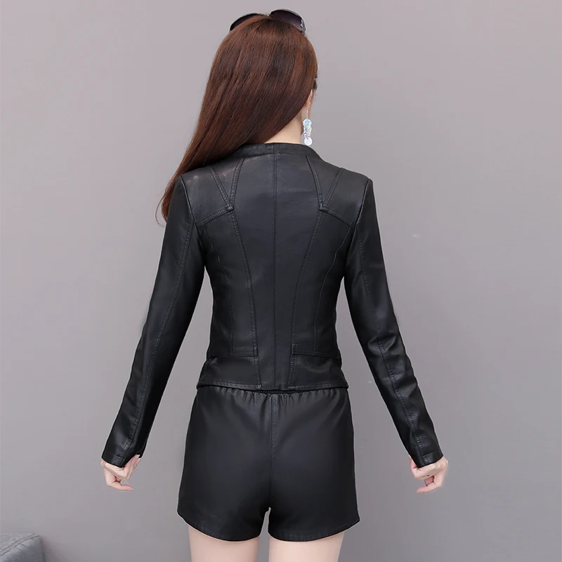 Spring jacket ladies Pu leather jacket short autumn zipper jacket locomotive leather small suit faux leather slim gray black