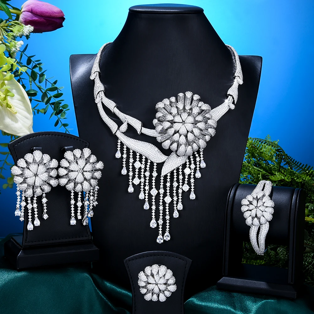 Siscathy 4Pcs/Set Luxurious Copper Inlay Micro Zircon 3D Stereo Flower Wedding Jewelry Set For Women Engagement Party Accessory