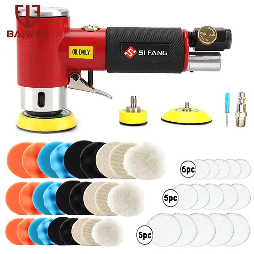 2'' 3'' Mini Air Sander Right Angle Pneumatic Orbital Polisher Machine & Polishing Sponge Pads for Auto Body Waxing Buffing Kits