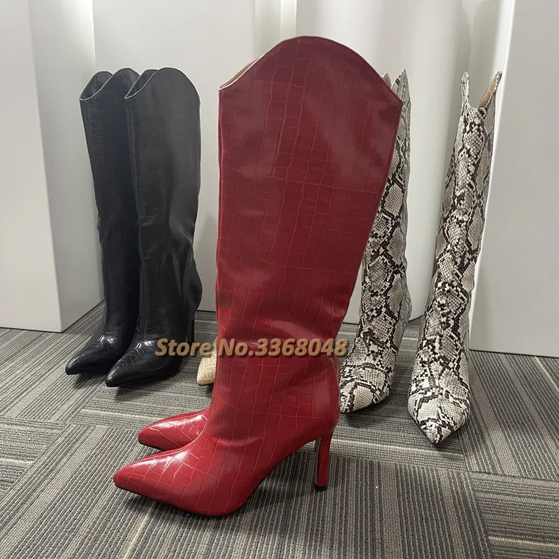 V-mouth long boots women's pointed toe stiletto heel crocodile pattern Knee Thin Heel Red Black Dress Women Boots Real Picture