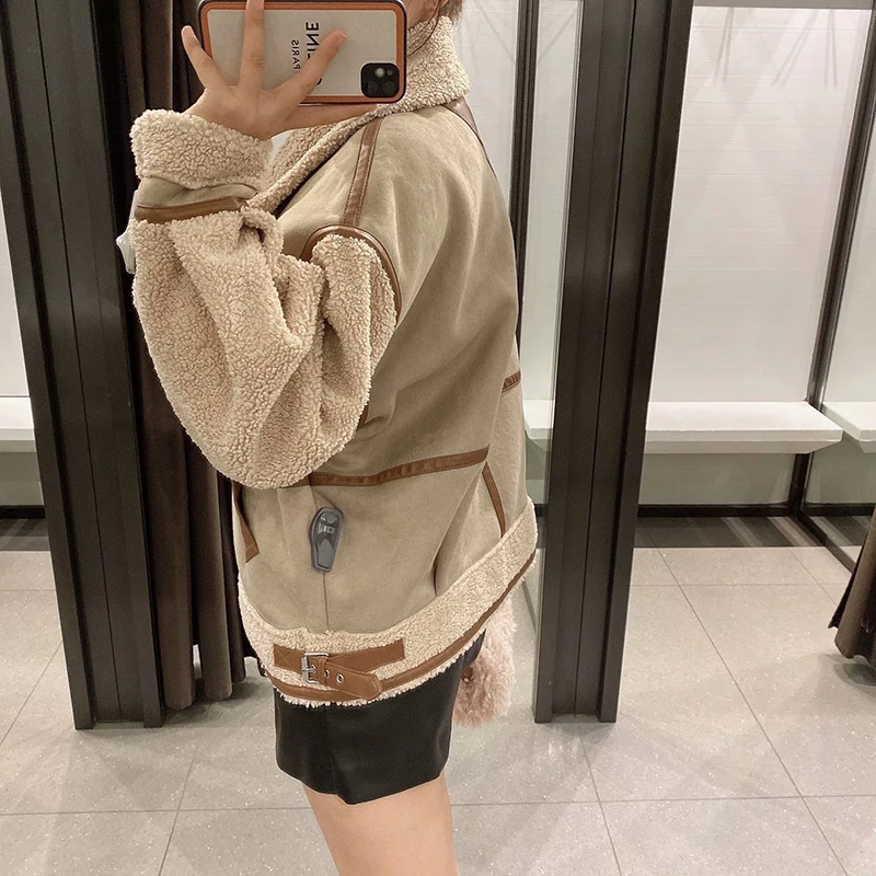 Women\'s Fashion Stitching Faux Leather Lamb  Jacket With Zipper Decoration Stand Collar Thickening Warm Winter New Jacket