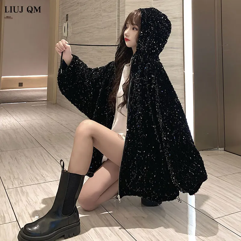 2022 Winter Jacket Women New Korean Style Hooded Sequins Padded Coat Women Loose Add Cotton To Thicken Female Jacket