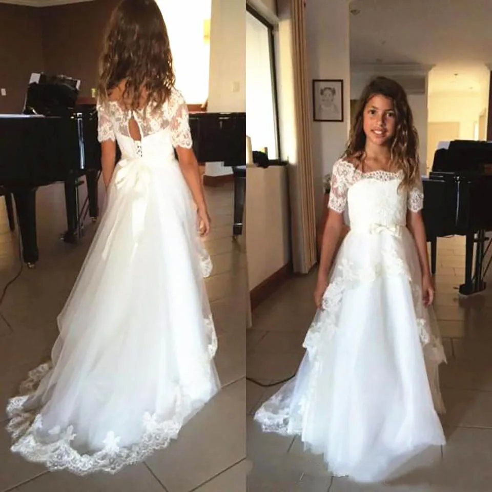 

White Lace Kids Formal Wear Girls Pageant Birthday Christmas Wedding Party Events Scoop Tulle Applique Flower Girls Dresses