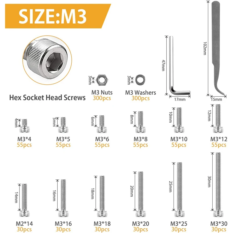 Imagem -03 - Cabeça Soquete Cap Parafusos e Porcas Arruela Plana Variedade Kit com Allen Wrench e Dica Curvo Pinça Aço Inoxidável 1110 Pcs m3