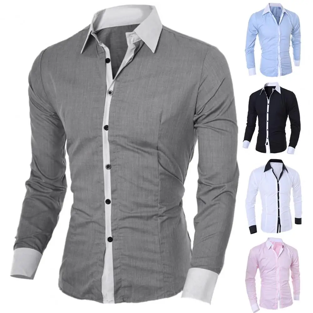 Men\'s Long Sleeved Color Block Cuff Slim Shirt Chest Pocket suit shirts Casual Button turn Down collar business Shirts