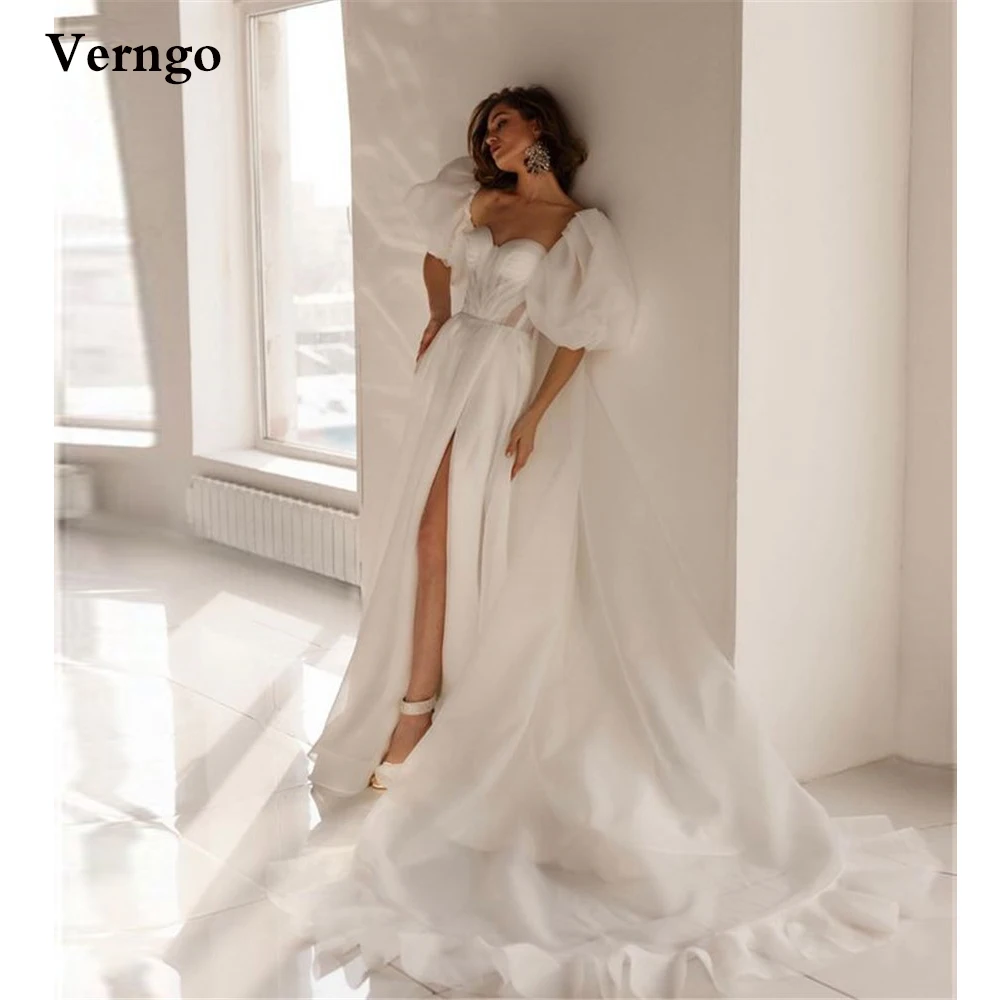 

Verngo New Design 2021 A Line Organza Wedding Dresses Puffy Sleeves Sweetheart Pleats Side Slit Sweep Train Bridal Dress Custom