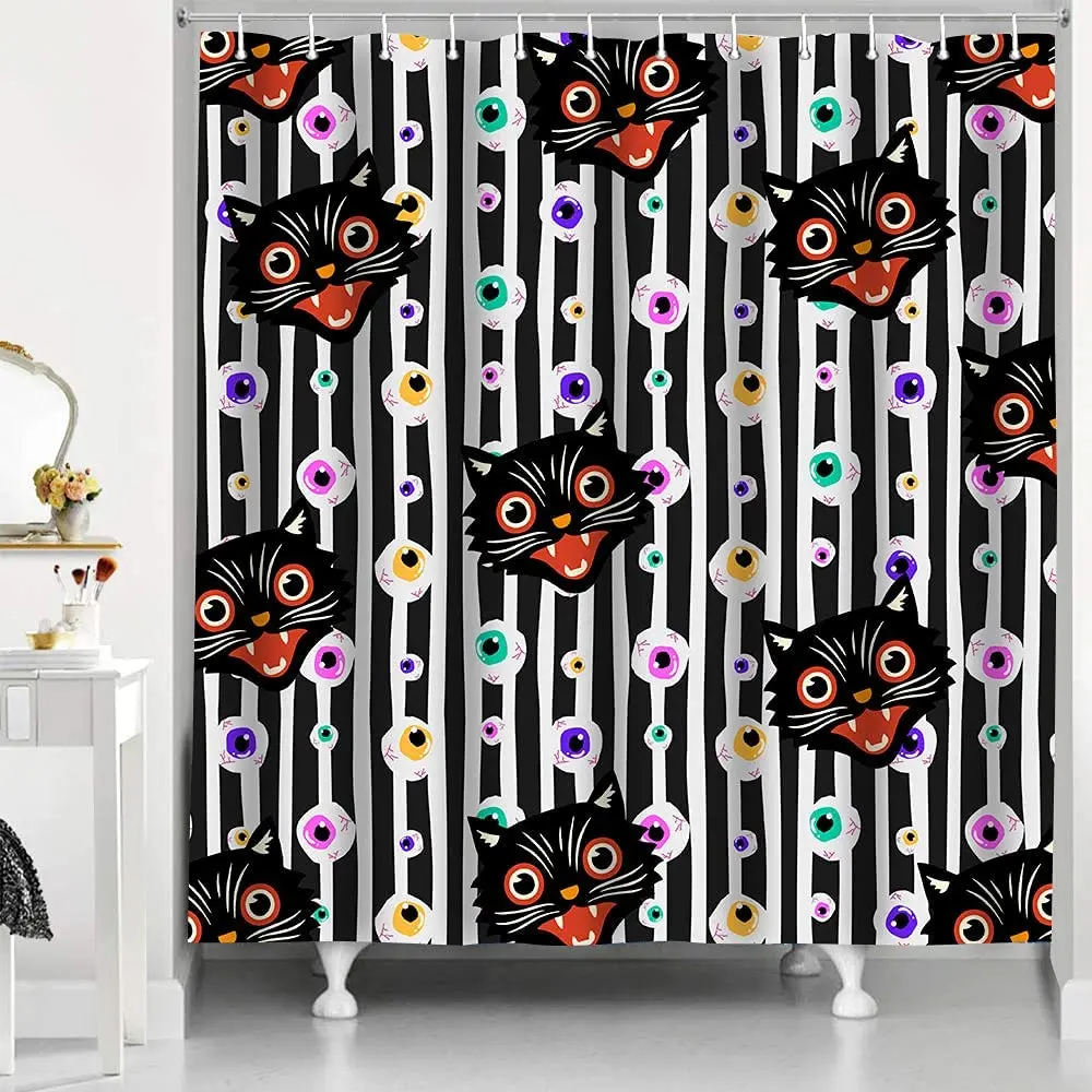 

Halloween Shower Curtain Funny Cat Horror Eyeball Black and White Striped Bathtub Screen Waterproof with Hooks Bath Curtains