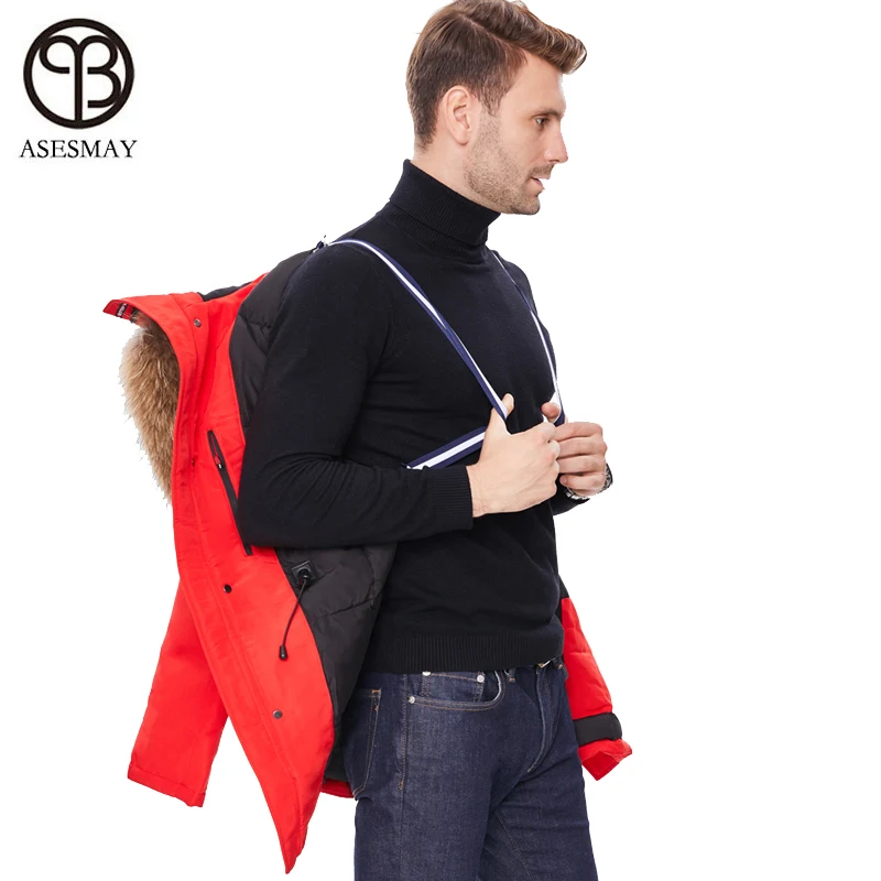 Chaqueta larga de piel de mapache Natural para hombre, parka gruesa con capucha, de marca, de invierno, 2024