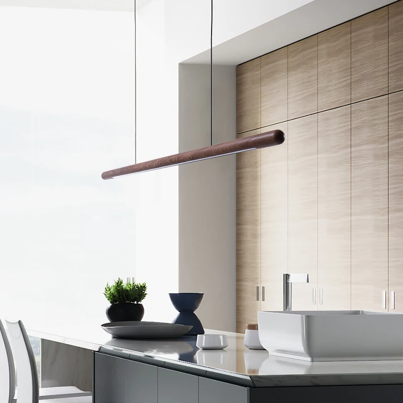 Solid Wood Hanging Lamp Nordic LED Wood Pendant Light Modern Table Long Linear Light Round Hanging Fixtures for Kitchen Island