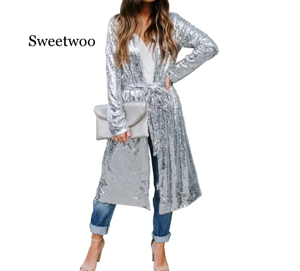 

Women Sparkly Sequined Jacket Sexy Open Front Long Coat Spring Autumn Causal Glitter Kimono Party Club Top Female