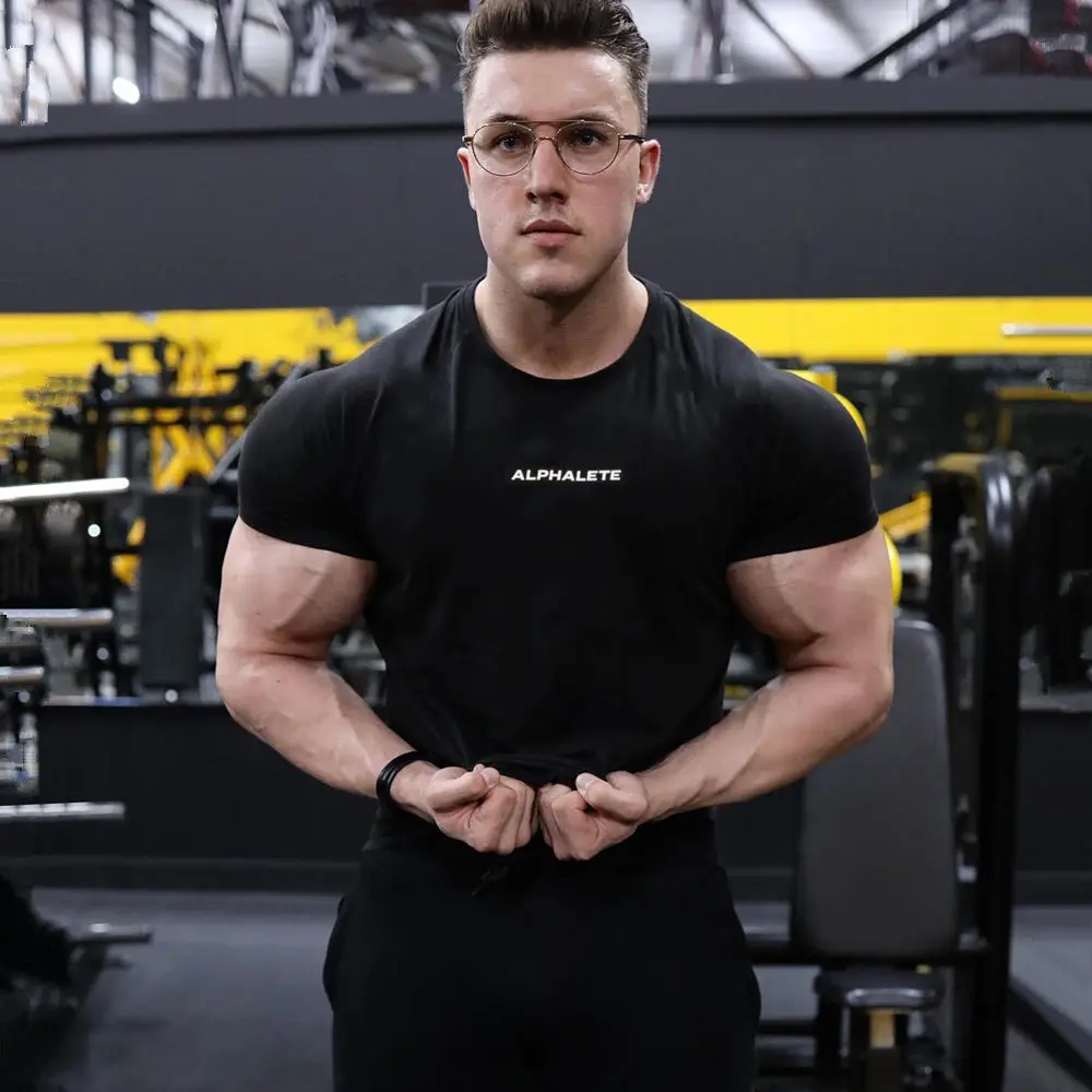 Black Gym Skinny T-shirt Men Casual Short Sleeve Shirt Male Summer Fitness Bodybuilding Cotton Tees Tops Running Sport Clothing