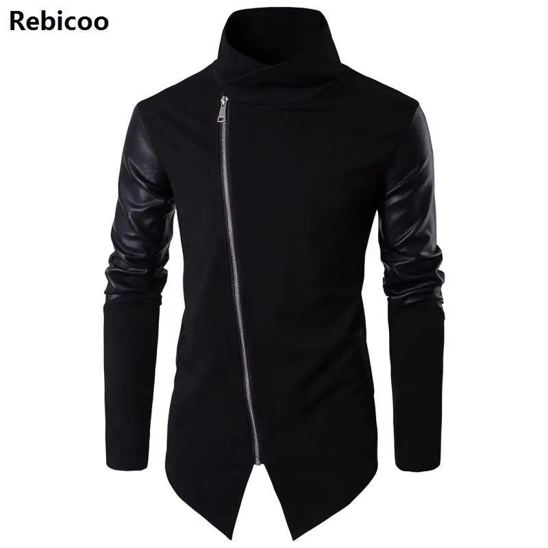 Men Hooded Sweatshirts with Leather Patchwork Hip Hop Mantle Hoodies Fashion Outwear long Sleeves Asymmetrical Man's Outwear