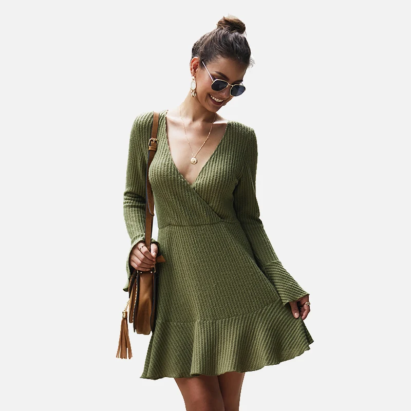 

Women Bohemia Dress Knitted V-Neck Sexy Ruffles High Waist Hem Autumn Female Fashion Dresses Nice Casual Ladies Pop Clothing