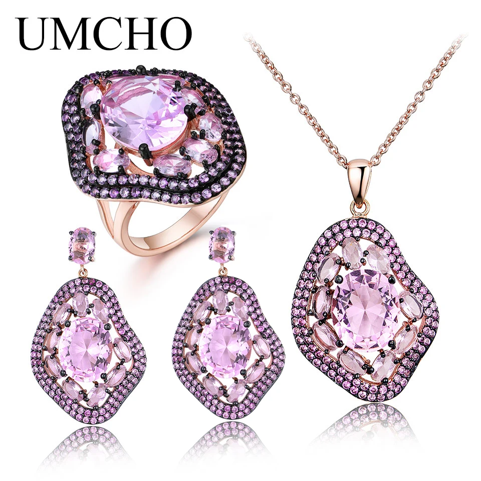 

UMCHO Oval Nano Pink Moganite Jewelry Sets Gemstone Pendant Necklace Rings Drop Earrings 925 Sterling Silver For Women Best Gift