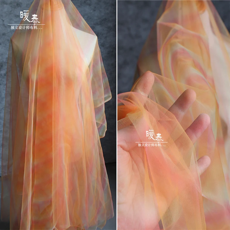 

Color Gradient Mesh Tulle Fabric Orange and Blue DIY Veil Scarf Background Decor Skirts Gown Wedding Dress Lace Designer Fabric